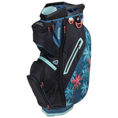 a black and blue golf cart bag with flowers on the front, two wheels attached to it