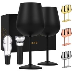 three wine glasses and two champagne goblets are shown in front of the box