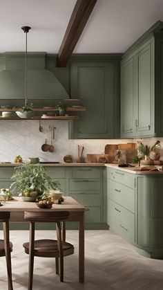 a kitchen with green cabinets and wooden table in the center, surrounded by potted plants