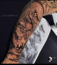 an owl tattoo on the arm with trees