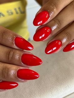 Red Nails On Black Women, Red Nails Dark Skin, Short Almond Red Nails, Red Nails Dark, Almond Red Nails, Nails Dark Skin, Short Red Nails, Almond Gel Nails, Stiletto Nails Short