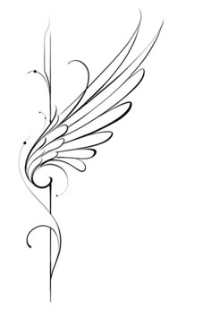 a black and white drawing of an angel's wing with swirls on it