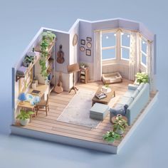 a cut out of a living room with furniture and plants on the table in it