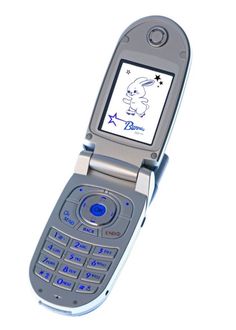 an old cell phone with a cartoon character on the screen