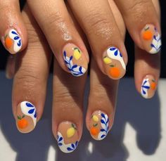 This set ticks all the 'Italy nails boxes': blue, white and citrus fruit. #affiliates Nails Italy Summer, Italy Manicure, Summer In Italy Nails, Tuscany Nails, Italy Nail Art, Matisse Nails, Italian Nail Art, Italy Themed Nails, Amalfi Nails