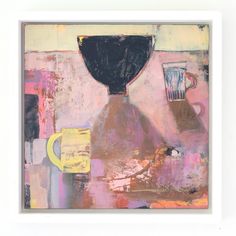 an abstract painting with coffee cups and saucer on it's side, in white frame