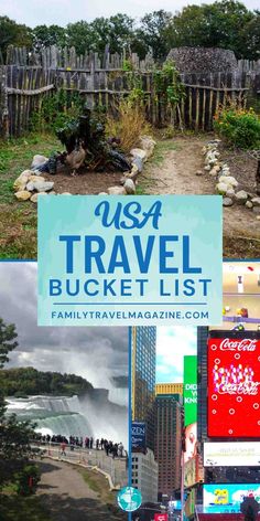 USA Travel Bucket List destinations and attractions for Families, including attractions in Florida, New York City, Tennessee, and Arizona.