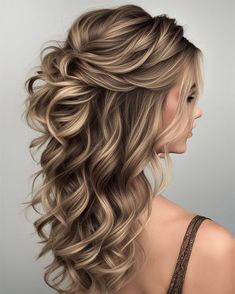 Diese elegante und stilvolle lockige Frisur ist die perfekte Wahl für den Abschlussball oder besondere Anlässe. Das Haar ist mit natürlichen Wellen und einem voluminösen Look atemberaubend gestylt. Der sanft hochgesteckte hintere Teil verleiht der Frisur zusätzliche Eleganz. Diese Frisur ist ideal für diejenigen, die sowohl ein modernes als auch ein klassisches Aussehen erzielen möchten. Die natürlichen Balayage-Highlights im Haar betonen die Schönheit der Wellen. Mit dieser Frisur werden Sie beim Abschlussball alle Blicke auf sich ziehen!  #AbschlussballFrisur #LockigeHaare #EleganteFrisur #StilvolleFrisuren #Balayage #BesondereAnlässe #Haarmodelle #ModerneFrisuren #KlassischeFrisuren #Brautfrisur #Partyfrisuren #Haarinspiration #Haartrends Up Does Hair Styles, Natural Waves Hairstyles, Wedding Down Hairstyles, Soft Waves Wedding Hair, Hair Styles Bridesmaid, Bridal Hair Half Up, Wedding Hair Half, Formal Hairstyles For Long Hair, Mother Of The Bride Hair