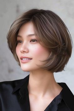 A neatly styled short, layered round bob on an Asian woman in her mid-30s Easy Hair Cuts, Asian Short Hair, Shot Hair Styles, Bob Haircuts For Women, Short Hair Styles For Round Faces, 짧은 머리, Short Hair Haircuts