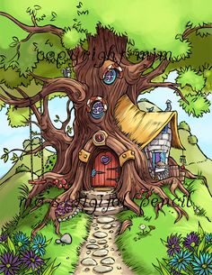 a drawing of a tree house in the middle of a field with flowers and trees