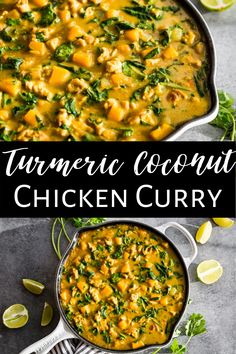 turment coconut chicken curry in a pan with limes and cilantro on the side