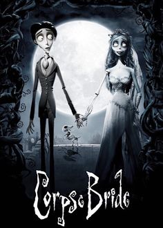 the corpse bride and groom are holding hands in front of a full moon with text that reads