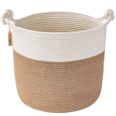 a large white and tan basket with handles