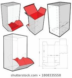 four different views of an open box with red paper on the bottom and inside, showing how to fold it