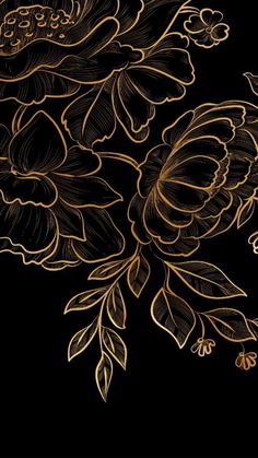 a black background with gold flowers and leaves