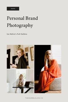 a woman sitting on top of a couch in front of a white background with the words personal brand photography