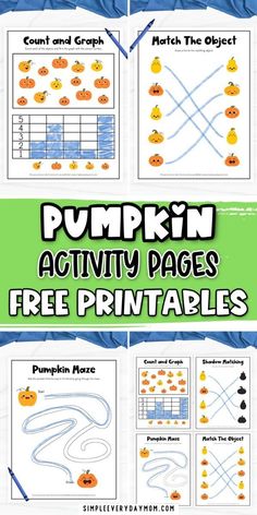 pumpkin activity pages for kids to practice counting and addition skills with free printables