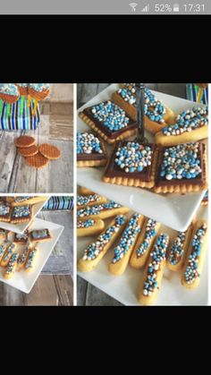 several different pictures of cookies and desserts on a table with blue and white decorations