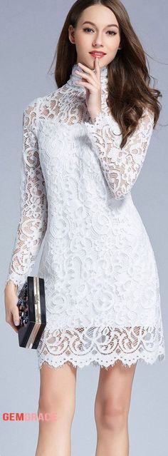 Fashion Dresses Chic High Neck White Lace Short Weddding Guest Dress With Long Sleeves White Lace Dress For Spring Banquet, White Long Sleeve Lace Dress For Wedding Guest, Spring Wedding Lace Sheath Dress, White Fitted Lace Dress For Banquet, Wedding Guest Chic, Modest Black Dress, Delicate Gown, Vintage Green Dress, Best Wedding Guest Dresses