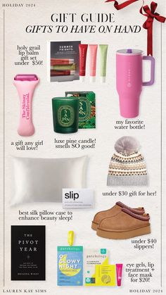 the holiday gift guide for women is shown in this ad, with text on it