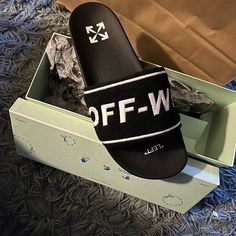 Off-White Sandals , New With Box And Tags Off White Slides, Off White Shoes, Black Industrial, Man Logo, White Sandals, White Shoes, Yellow Black, Shoe Box, Black N Yellow