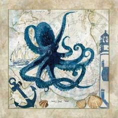 an octopus is sitting on top of a map with an anchor and ship in the background