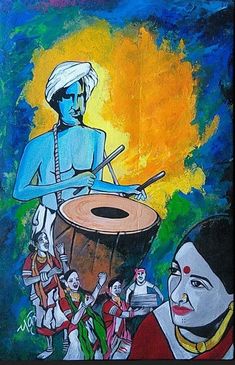 a painting of a man playing the drums with other people around him on a blue and yellow background