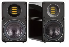 two speakers are shown side by side with the speaker facing each other and one is black