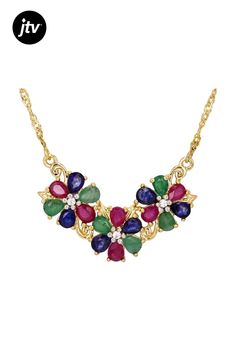 0.20ctw Pear Mahaleo(R)Ruby, 0.20ctw Pear Blue Mahaleo(R)Sapphire, 0.16ctw Pear Emerald, 0.02ctw Round White Zircon 18k Yellow Gold Over Sterling Silver Necklace. Measures Approximately 0.39"W. Lobster Claw Clasp. Accent Stones Primarily Zircon. Sterling Silver Necklace, Lobster Claw, Sterling Silver Necklaces, Pear, Ruby, Emerald, Silver Necklace, Sapphire, Yellow Gold