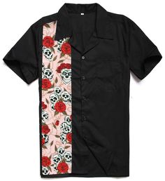 Retro Bowling Shirts, Mens Bowling Shirts, Rockabilly Shirts, Punk Shirt, Rose Skull, Male Clothing, Patchwork Shirt, Rockabilly Style, Retro Shorts