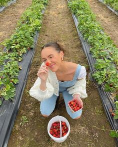 a woman sitting on the ground with strawberries in front of her and eating one