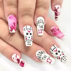 Friday The 13th Nails Acrylic, Horror Character Nails, Pennywise Nail Art, Friday The 13th Nails, Michael Myers Nails, Jason Nails, Dead Nails, Scary Halloween Nails Design, Spooky Valentines