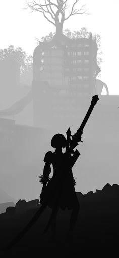 two silhouettes of people holding swords in front of a tree