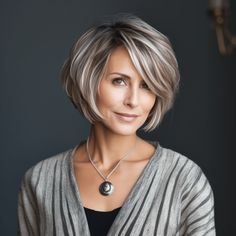 Short Haircuts With Glasses Over 50, Medium Length Haircut For Heavy Women, Highlighted Short Hair, Blending Gray Hair With Highlights Brown, Bed Scrunchie, Layered Haircuts For Medium Hair, Money Piece, Chin Length Hair, Bob Haircut For Fine Hair