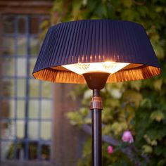 a lamp that is sitting in front of some flowers and trees with the light on