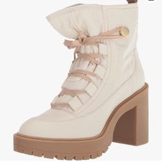 Nylon Lace Up In Ivory Cream 4 In Heel Will Go With Everything Sold Out Colorway New No Box Free Shipping 100+ Bundle To Save Beige Synthetic Ankle Boots, Cream Synthetic Boots For Spring, Chic Beige Lace-up Boots, Beige Synthetic Boots With Lug Sole, Chic Cream Boots With Lug Sole, Cream Synthetic Boots For Winter, Cream Synthetic Winter Boots, Winter Cream Synthetic Boots, Cream Synthetic Boots With Reinforced Heel