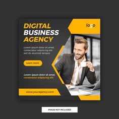 a yellow and black business flyer template with a man in a suit on his laptop