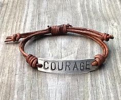 COURAGE ID Bracelet, silver, leather, Hand Stamped, Inspirational jewelry, bracelet with words, affirmation bracelet Adjustable Stamped Brown Bracelets, Adjustable Silver Leather Bracelet With Hand Stamped Details, Adjustable Hand Stamped Leather Bracelet As Gift, Adjustable Silver Leather Bracelet Hand Stamped, Everyday Adjustable Leather Bracelet Hand Stamped, Adjustable Stamped Leather Bracelet For Everyday, Adjustable Everyday Leather Bracelet, Meaningful Stamped Adjustable Bracelet, Adjustable Stamped Meaningful Bracelet