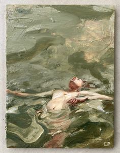 a painting of a woman floating in the ocean with her head above water's surface