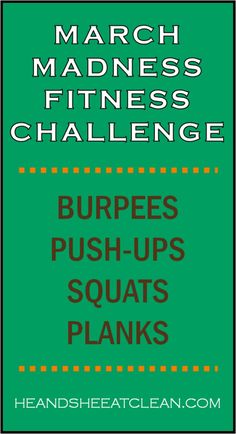 the march madness fitness challenge poster with text that reads burps push - ups squats planks