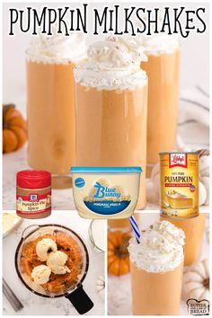 pumpkin milkshakes with whipped cream on top and an image of pumpkins in the background