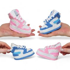 Welcome to our shop! These adorable crocheted baby basketball sneakers are the perfect blend of style and comfort for your little Boy and Girl champion. Designed in a trendy Jordan-style, these handmade booties are available in charming blue and pink colors. Crafted with soft, 100% natural wool yarn, they are gentle on your baby's sensitive skin. Features: * Material: Made from high-quality, nature-friendly wool yarns, ensuring a soft and warm feel. * Colors: Available in both blue and pink. * Sizes: Suitable for babies aged 0-24 months (0-3 months, 3-6 months, 6-9 months, 9-12 months, 12-18 months, 18-24 months). *  Design: Unique Jordan style basketball sneaker design, perfect for baby boys and girls. * Use: Ideal for gender reveal parties, baby showers, photo props, and as a baby's firs Preppy Baby, Pink Boy, Jordan Style, Nature Friendly, Basketball Sneakers, Gifts For New Parents, Crib Shoes, Girl Shoes