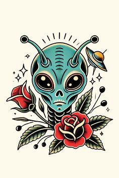 an alien with flowers and stars on it's head is shown in this tattoo design