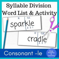 two cards with words and scissors on them that read, sylabe division word list & activity