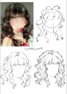 an anime character's hair is shown in three different angles, including the head and shoulders