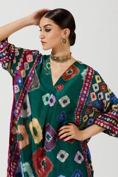 Shop for Rajdeep Ranawat Green Silk Printed Tunic for Women Online at Aza Fashions Printed V-neck Tunic, Bohemian V-neck Tunic With Printed Motifs, Traditional Multicolor V-neck Tunic, Green Printed V-neck Kurta, Green V-neck Printed Kurta, Multicolor Printed V-neck Kurta, Multicolor V-neck Printed Kurta, Multicolor V-neck Kurta With Block Print, Festive Printed V-neck Kaftan