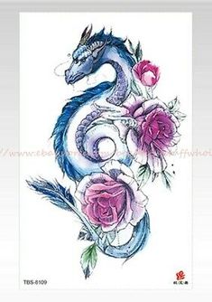 a drawing of a dragon with roses on it