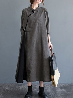 Artistic Retro Plaid Stand Collar Long Cheongsams Dress PLAID-M Trench Coat Dress, Hooded Trench Coat, Cheongsam Dress, Pleated Midi Dress, Long Sleeve Midi, Long Sleeve Midi Dress, Plaid Dress, Wide Leg Jumpsuit, Batwing Sleeve