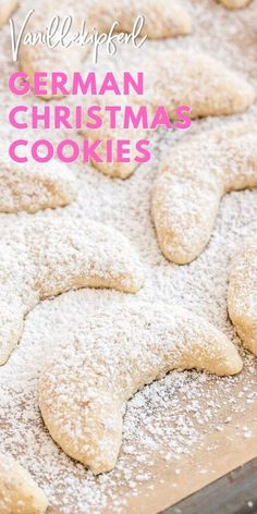 german christmas cookies with powdered sugar on top and the words vanilla spritz