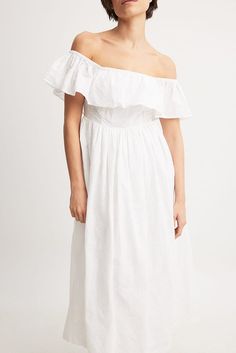 Off Shoulder Anglaise Midi Dress White | NA-KD Off-shoulder Midi Dress With Smocked Back For Beach, Flowy Off-shoulder Midi Dress With Smocked Back, White Flowy Off-shoulder Midi Dress, Chic Off-shoulder Cotton Midi Dress, White V-neck Broderie Anglaise Midi Dress, White Midi Dress, Off Shoulder, White Dress, Midi Dress